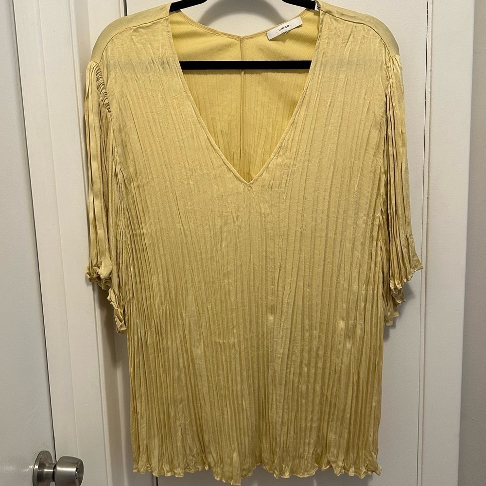 Vince Blouse Plus XXL Pale Yellow Ribbed Crimped Satin look V-neck shirt top